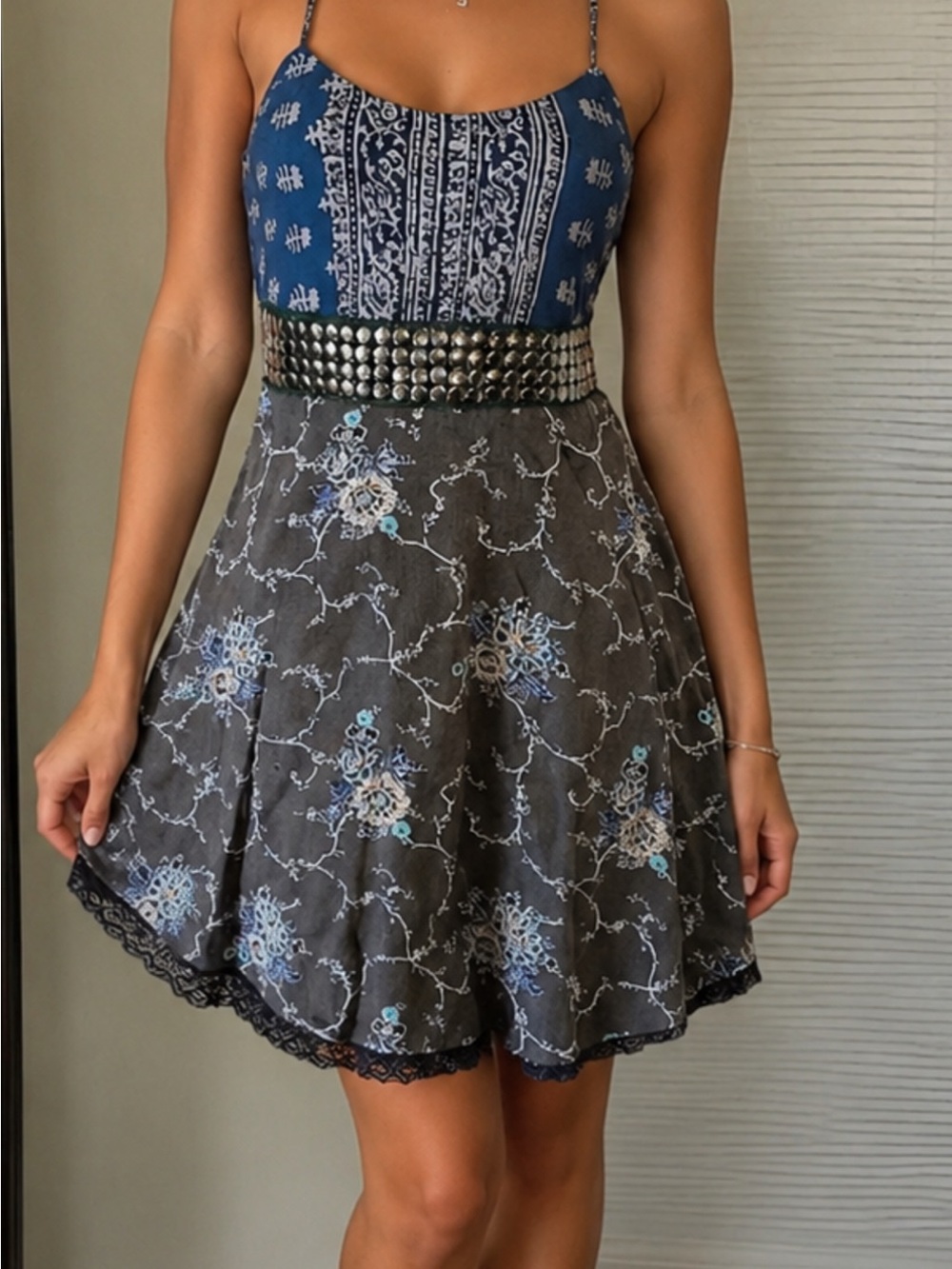 Free People Blue and Gray Floral Mini Dress